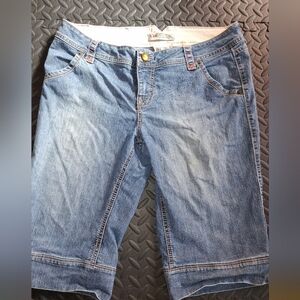 YMI Blue Denim Long Shorts/Capri with Amber Jewel Button